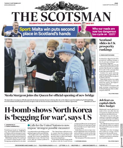 The Scotsman Newspaper Front Page (UK) for 5 September 2017
