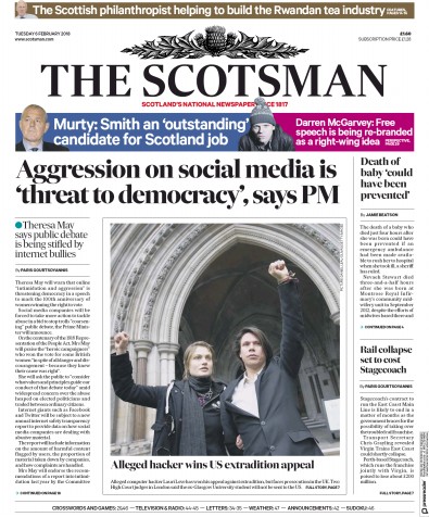 The Scotsman Newspaper Front Page (UK) for 6 February 2018