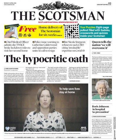 The Scotsman Newspaper Front Page (UK) for 6 April 2020