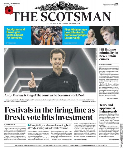 The Scotsman Newspaper Front Page (UK) for 7 November 2016