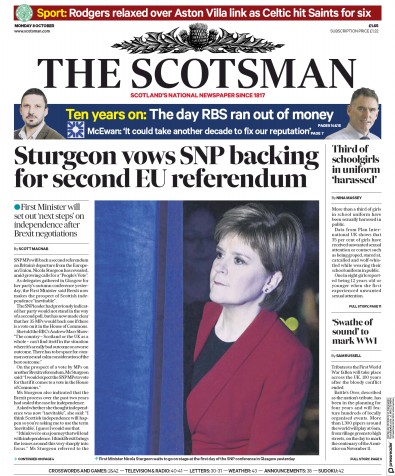 The Scotsman Newspaper Front Page (UK) for 8 October 2018