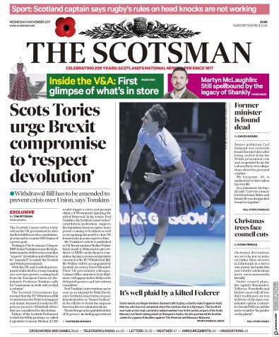 The Scotsman Newspaper Front Page (UK) for 8 November 2017