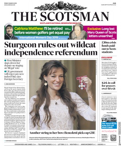 The Scotsman Newspaper Front Page (UK) for 8 March 2019