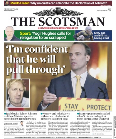 The Scotsman Newspaper Front Page (UK) for 8 April 2020