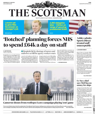 The Scotsman Newspaper Front Page (UK) for 8 June 2016