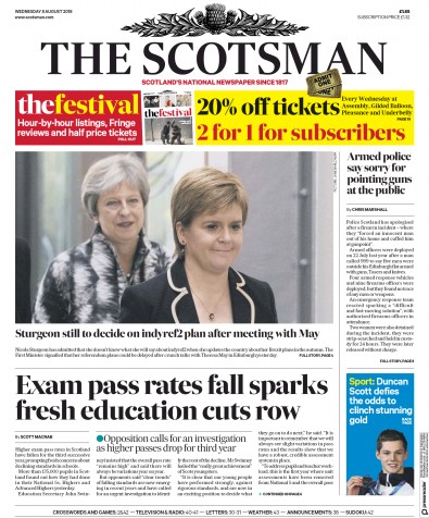 The Scotsman Newspaper Front Page (UK) for 8 August 2018