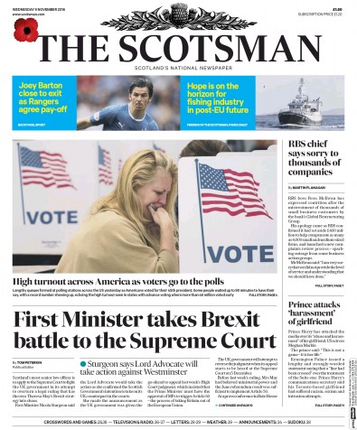The Scotsman Newspaper Front Page (UK) for 9 November 2016
