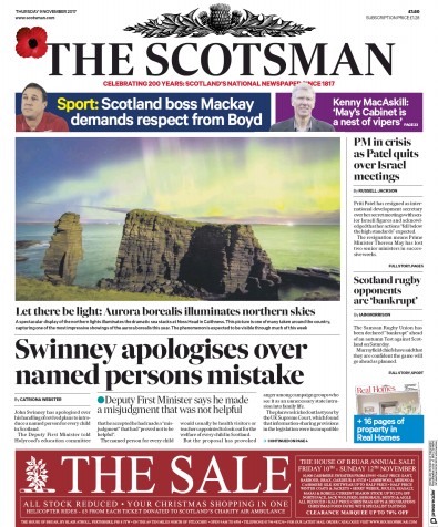 The Scotsman Newspaper Front Page (UK) for 9 November 2017