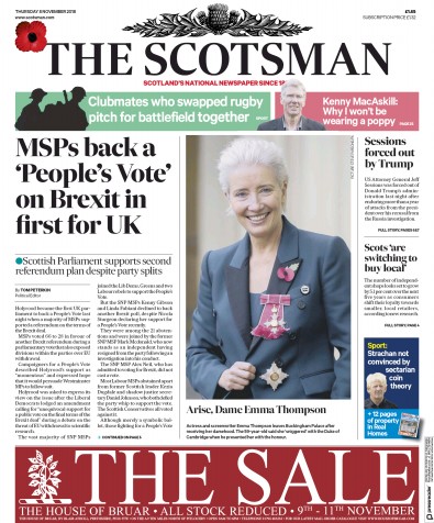 The Scotsman Newspaper Front Page (UK) for 9 November 2018