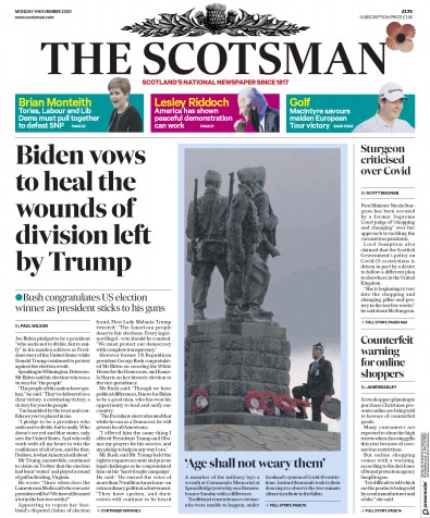 The Scotsman Newspaper Front Page (UK) for 9 November 2020