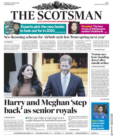 The Scotsman Newspaper Front Page (UK) for 9 January 2020