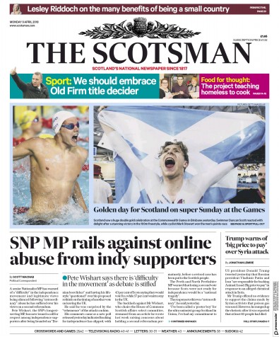 The Scotsman Newspaper Front Page (UK) for 9 April 2018