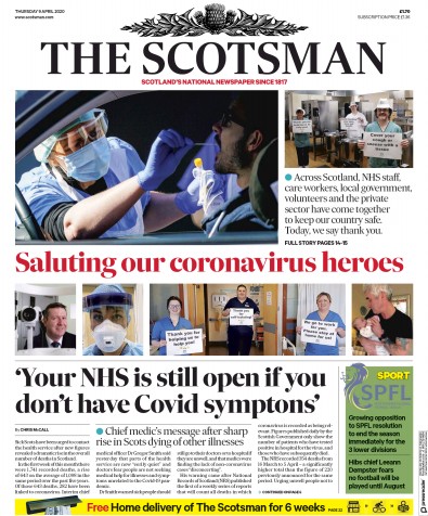 The Scotsman Newspaper Front Page (UK) for 9 April 2020