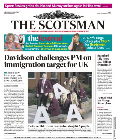 The Scotsman Newspaper Front Page (UK) for 9 August 2017