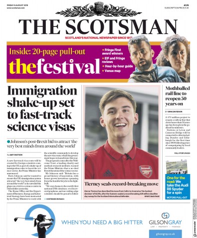 The Scotsman Newspaper Front Page (UK) for 9 August 2019