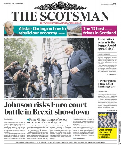 The Scotsman Newspaper Front Page (UK) for 9 September 2020