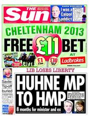 The Sun (UK) Newspaper Front Page for 12 March 2013