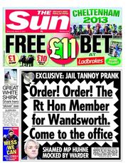The Sun (UK) Newspaper Front Page for 13 March 2013