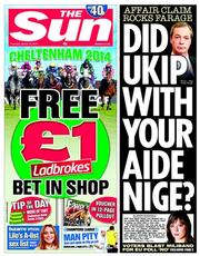 The Sun (UK) Newspaper Front Page for 13 March 2014
