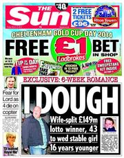 The Sun (UK) Newspaper Front Page for 14 March 2014