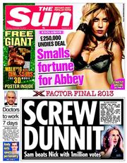 The Sun (UK) Newspaper Front Page for 16 December 2013