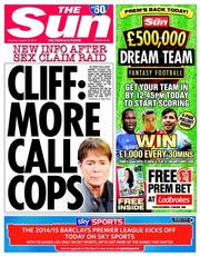 The Sun (UK) Newspaper Front Page for 16 August 2014