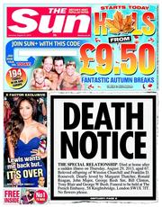 The Sun (UK) Newspaper Front Page for 1 September 2013