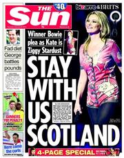 The Sun (UK) Newspaper Front Page for 20 February 2014