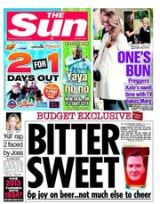 The Sun (UK) Newspaper Front Page for 20 March 2013