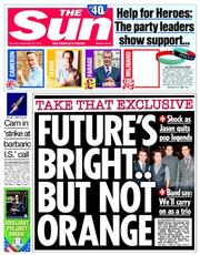 The Sun (UK) Newspaper Front Page for 25 September 2014