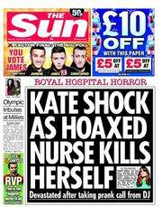 The Sun (UK) Newspaper Front Page for 8 December 2012