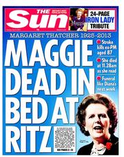 The Sun (UK) Newspaper Front Page for 9 April 2013