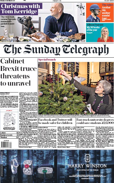 The Sunday Telegraph Newspaper Front Page (UK) for 10 December 2017