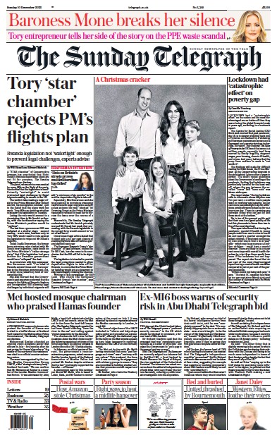 The Sunday Telegraph Newspaper Front Page (UK) for 10 December 2023
