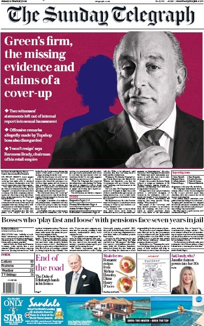 The Sunday Telegraph Newspaper Front Page (UK) for 10 February 2019