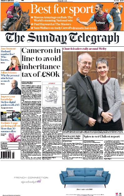 The Sunday Telegraph Newspaper Front Page (UK) for 10 April 2016