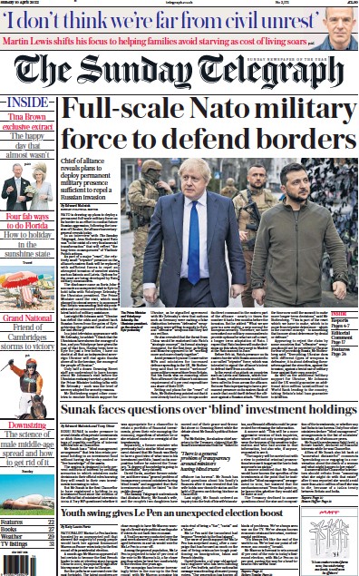 The Sunday Telegraph Newspaper Front Page (UK) for 10 April 2022