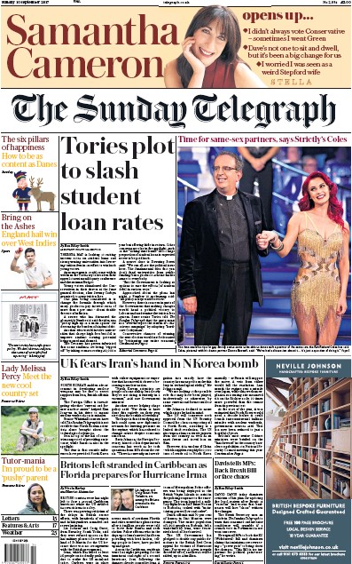 The Sunday Telegraph Newspaper Front Page (UK) for 10 September 2017