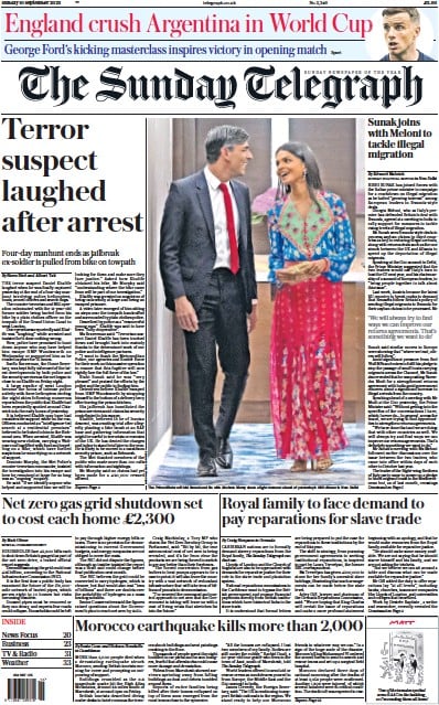 The Sunday Telegraph Newspaper Front Page (UK) for 10 September 2023