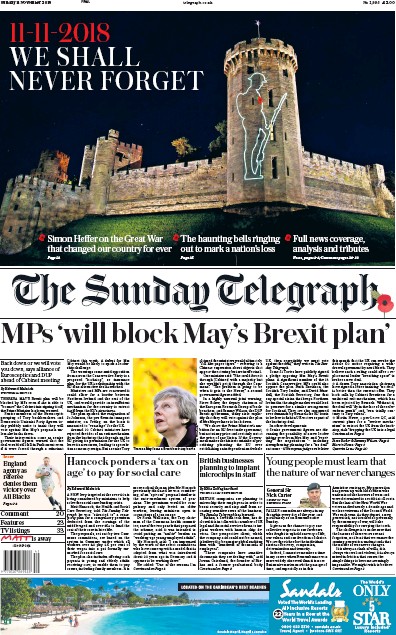 The Sunday Telegraph Newspaper Front Page (UK) for 11 November 2018