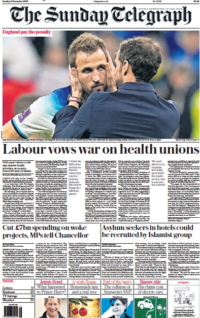 The Sunday Telegraph Newspaper Front Page (UK) for 11 December 2022