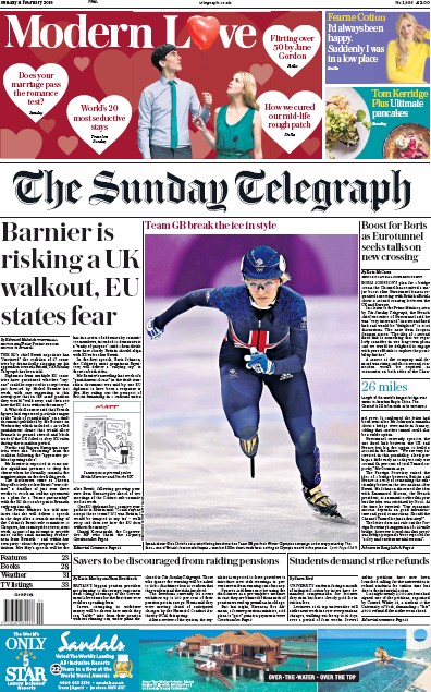 The Sunday Telegraph Newspaper Front Page (UK) for 11 February 2018