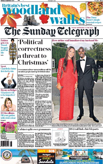 The Sunday Telegraph Newspaper Front Page (UK) for 11 September 2016