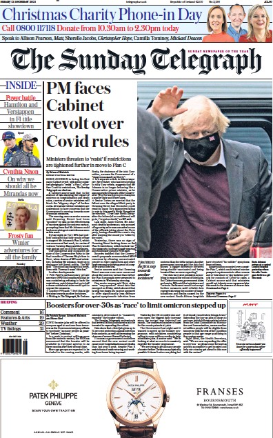 The Sunday Telegraph Newspaper Front Page (UK) for 12 December 2021