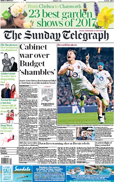 The Sunday Telegraph Newspaper Front Page (UK) for 12 March 2017