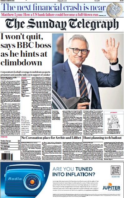 The Sunday Telegraph Newspaper Front Page (UK) for 12 March 2023
