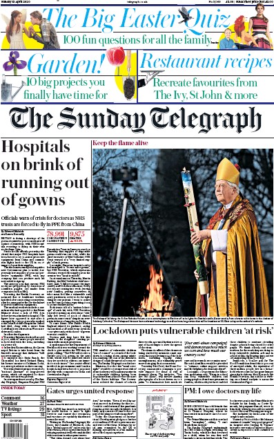 The Sunday Telegraph Newspaper Front Page (UK) for 12 April 2020