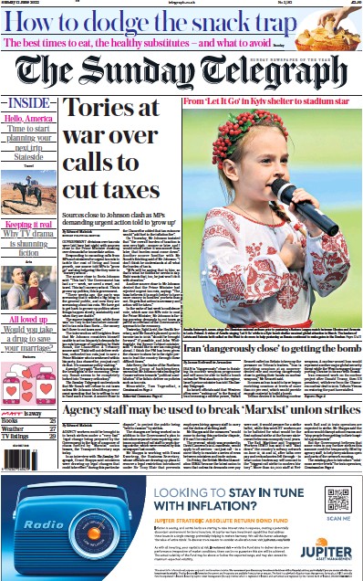 The Sunday Telegraph Newspaper Front Page (UK) for 12 June 2022