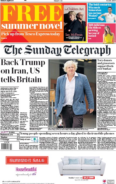 The Sunday Telegraph Newspaper Front Page (UK) for 12 August 2018