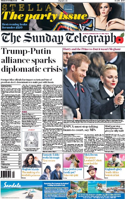 The Sunday Telegraph Newspaper Front Page (UK) for 13 November 2016